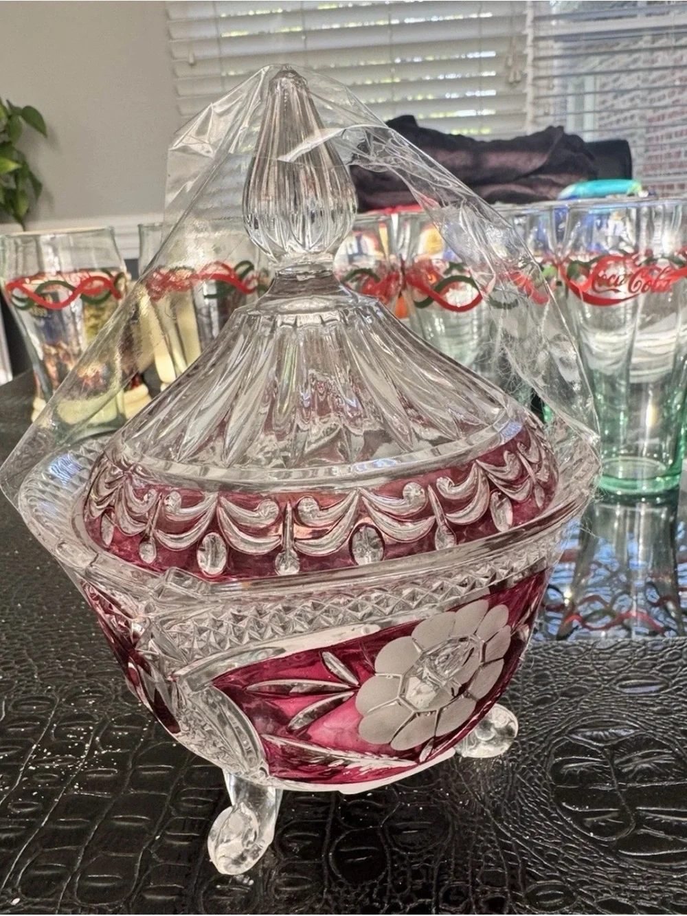 Cut Crystal Covered Candy Dish with Ruby Red Accents